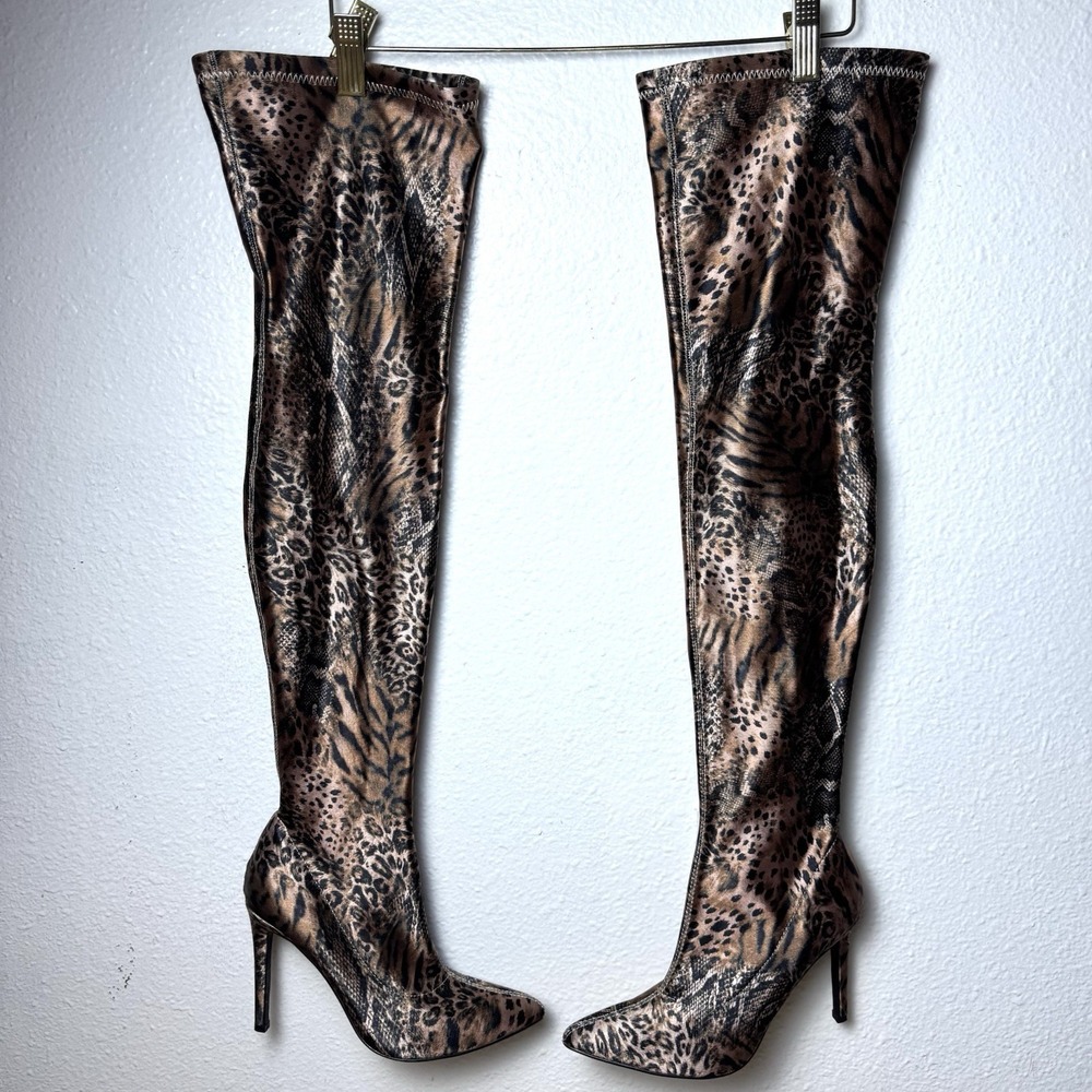 Sugar Thrills Fiercely Unphased Thigh High Boots Stiletto Animal Womens Size 6